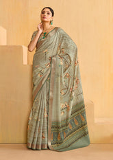 Grey Olive Tussar Silk Floral Print Saree
